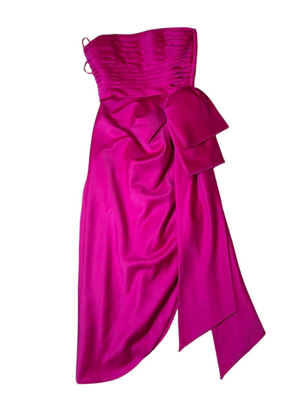 Vintage 80s Victor Costa Hot Pink Satin Strapless Bow Draped Party Dress